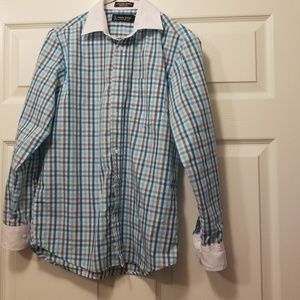 Blue plaid dress shirt w/white collar